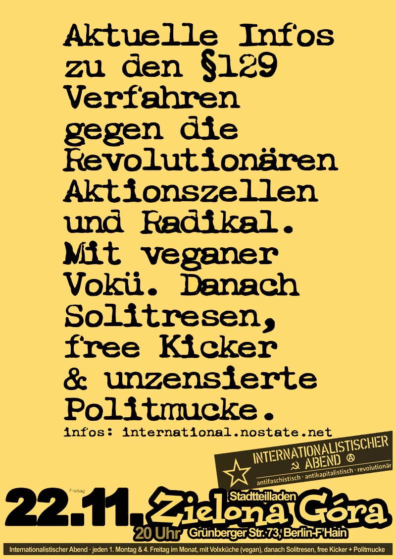 [BERLIN] Freitag 22.11.13  Veranstaltung + Solitresen – Aktuelle Infos zu §129 Verfahren