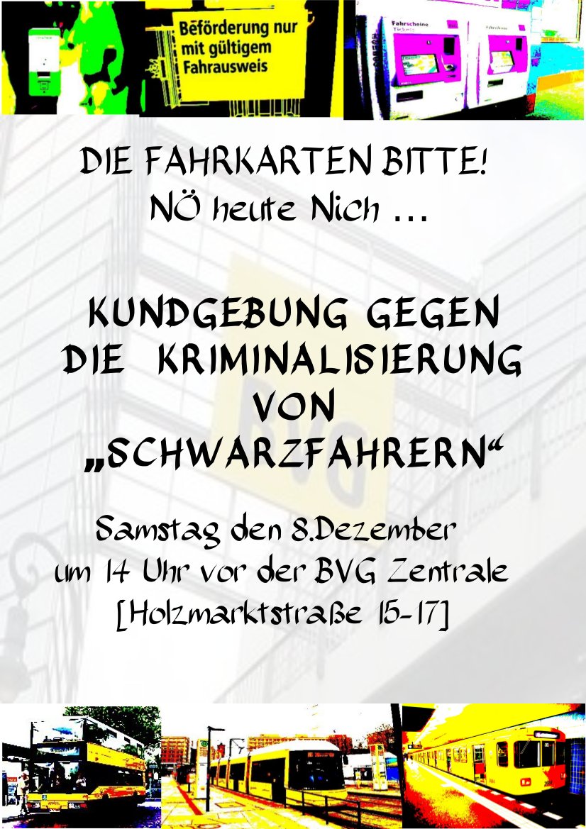 [BERLIN] Aufruf zur Kundgebung am 08.12. gegen die Kriminalisierung von Schwarzfahrer-innen