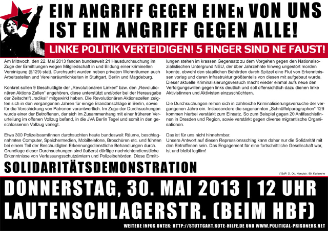 Stuttgart: Donnerstag, 30. Mai | 12 Uhr – Solidemo zu den Hausdurchsuchungen am 22. Mai