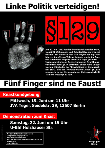 Solidarität ist eine Waffe!  Kundgebung vor der JVA Berlin-Tegel am 19.Juni-Demonstration am 22.Juni