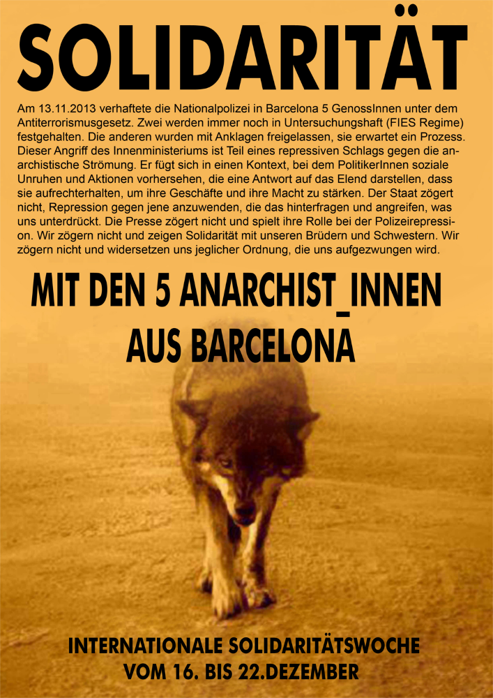 16. – 22. Dezember 2013: Internationale Aktionswoche in Solidarität mit den 5 Anarchist_innen, die am 13. November in Barcelona festgenommen wurden