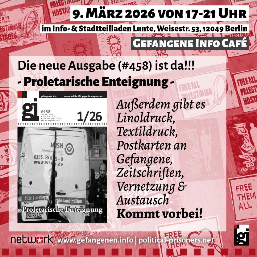 Ankündigung Gefangenen Info Café März 2026 in Berlin