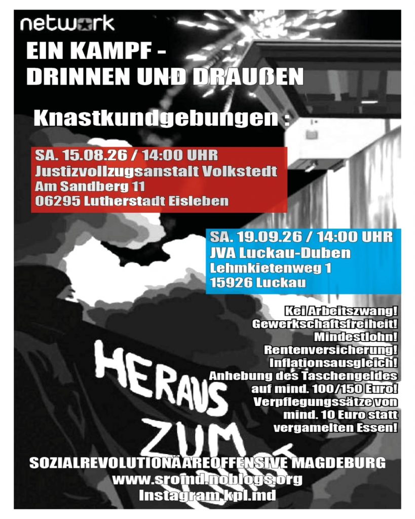 Mobi Poster Knastkundgebung JVA Volkstedt und JVA Luckau-Duben Aug und Sep 2026